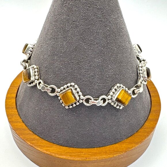 Jonber Sterling Silver 925 Tiger's Eye Bezel Set Link Bracelet Size 8" Length - Picture 1 of 11